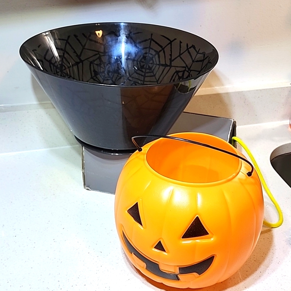 Candy Bowls.  Extra Large with spider webs and a blowmold pumpkin bucket.